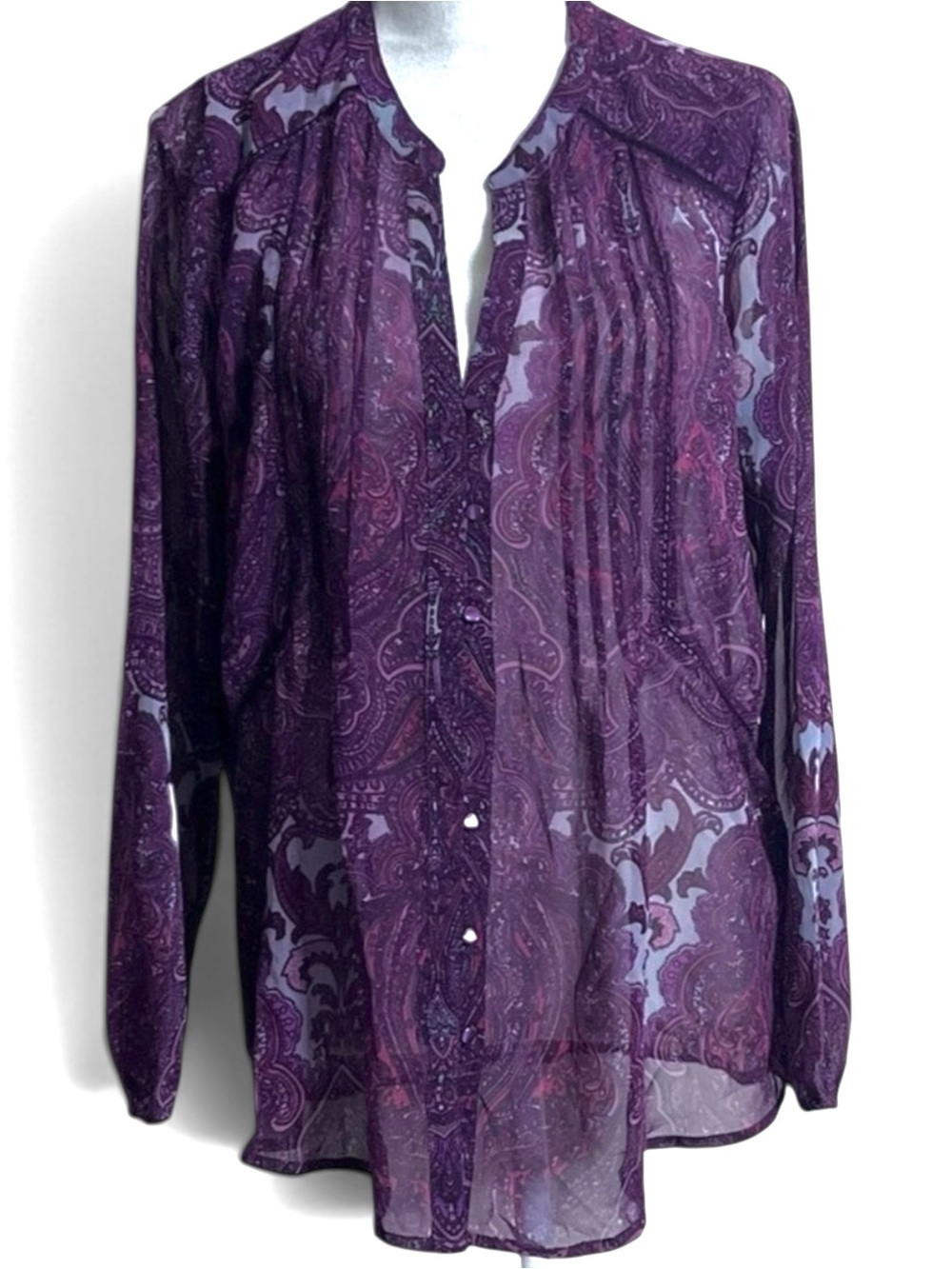 Lucky Brand Purple Paisley Sheer Chiffon Button Up Boho Blouse Womens Medium